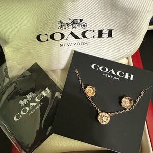 COACH Open Circle Necklace And Tea Rose Stud Earrings Set NIB